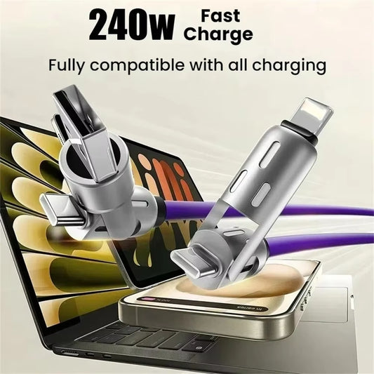 240W 4-in-1 Type-C Fast Charging Cable - Lightning-Fast Power for iPhone, Samsung & Xiaomi Devices